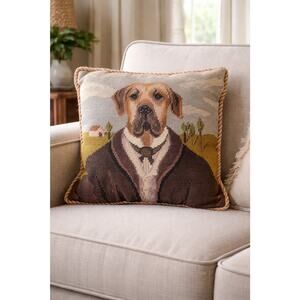 Vintage Needlepoint Bloodhound Dog Pillow Tapestry Portrait Cushion Decor Accent